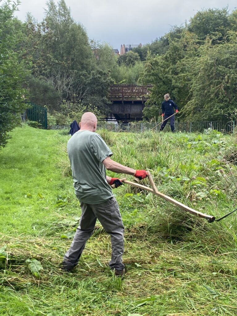 Scything wild flower meadow Wyndford Sep 2026 Grow Wild ⓒ RBG Kew